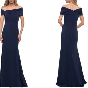 NWT La Femme Simply Chic Off The Shoulder Jersey Gown Navy Blue Women's Size 18